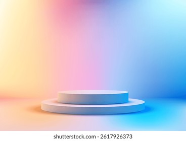moderno 3d branco redondo pódio stand em um fundo gradiente vibrante de transição de amarelo para rosa para azul, exposição de produtos, maquete, cenas de vitrine minimalista com iluminação suave sonho