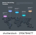 Modern 3d world map infographic template with colorful pointer marks - dark version. Easy to use for your design or presentation.
