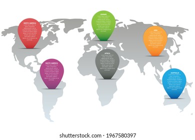 Modern 3d world map infographic template with colorful pointer marks 