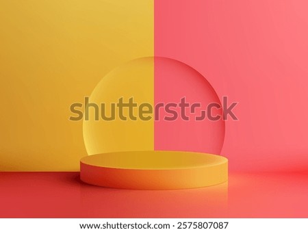 Modern 3D yellow podium on a red surface with a translucent circle split between pink and yellow backgrounds. Minimalist product displays, mockups, and vibrant showcase designs