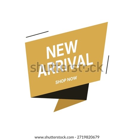 A modern 3D-style folded paper banner in mustard gold and black featuring "New Arrival" and "Shop Now" text. This minimalist geometric graphic is ideal for e-commerce promotions, social media advertising, and seasonal retail announcements.