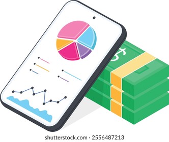 A modern 3D-style vector illustration featuring a smartphone displaying financial analytics, including a pie chart, line graph, and key metrics. Accompanied by a stack of green cash with a yellow band