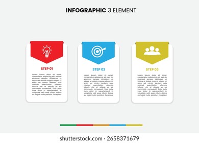 Moderna Plantilla de infografía de 3 pasos con cuadros de texto claros. Ideal para presentar pasos secuenciales, opciones o puntos clave. Vector totalmente editable
