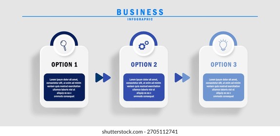 Plantilla moderna de infografía de línea de tiempo de 3 pasos. Gráfico de proceso con tres opciones sobre un fondo blanco para negocios, educación y gráficos de tecnología.