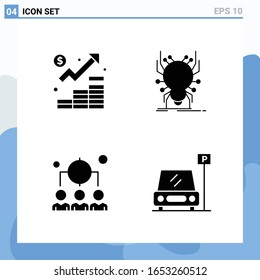 Moderno 4 iconos de estilo sólido. Símbolos de glifo para uso general. Signo de icono sólido creativo aislado en fondo blanco. Envase de 4 iconos.