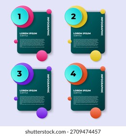 Diseño infográfico moderno de 4 pasos con tarjetas oscuras y Elementos circulares coloridos