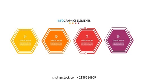Moderno 4 pasos, opción o niveles línea infografía con etiqueta. Gráfico de información de línea de tiempo. Presentación comercial, folleto informativo, banner, plantilla de diseño de flujo de trabajo. Ilustración del vector Eps10