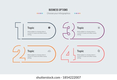 Moderno 4 temas para plantilla Infografía de negocio, Infografía con diseño de líneas delgadas de 4 colores y números con opciones o pasos de detalle de texto, diagrama de flujo, diagramas, presentaciones, vectores, ilustración ]