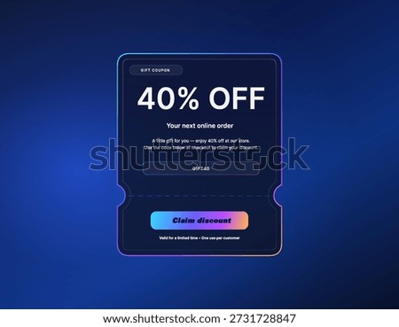 Modern 40% Off Gift Coupon UI on Blue Gradient Background. Digital gift coupon template with 40% off headline, promo code field, and claim button. Vector neon discount offer for UI, Mobile App