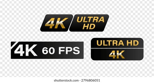Modern 4K Ultra HD and 60 FPS resolution icon set. Black, gold, and white logos for high definition video display. Vector symbols for television, streaming, and digital media quality
