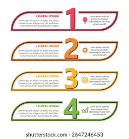 Modern 4-step infographic with bold numbers, icons, and colorful curved banners on white background