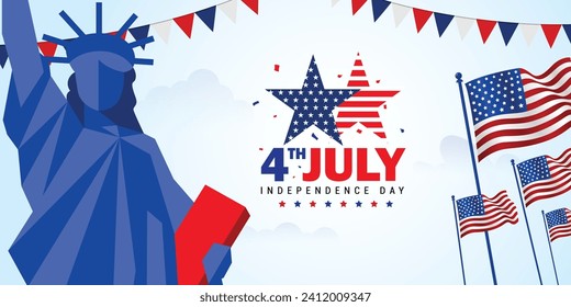 Modern 4th of July celebration template with the Statue of Liberty and waving American flag. Vector illustration.