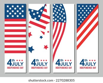 Modern 4th of July Independence day, USA  vertical Banner Collection. Red, Blue. Easy to use. Easy to Edit. 