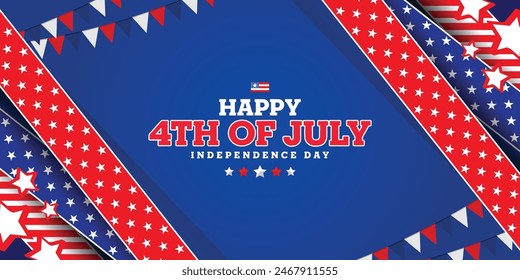Modern 4th of July usa independence Day greeting banner background with stars and stripes ribbon also with bunting decoration on blue background. Vector illustration.