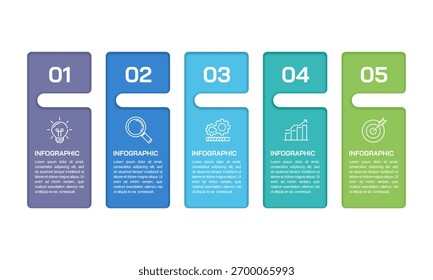 Diagrama de flujo de trabajo moderno de 5 opciones. Colorido Plantilla de presentación Horizontal mínima. Ilustración vectorial.