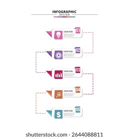 Moderna Plantilla de infografía de 5 pasos, con iconos y líneas de conector discontinuas Vertical de diseño de negocios para línea de tiempo, flujo de trabajo, diagrama de procesos, informes, presentaciones y visualización de datos.