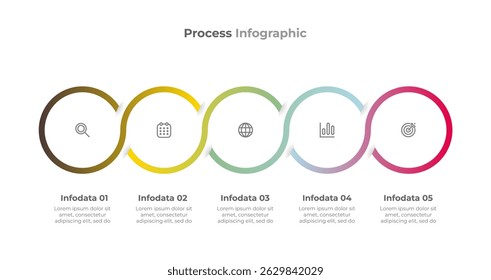 Moderno modelo infográfico de processo de 5 passos para negócios e educação. Ilustração vetorial.