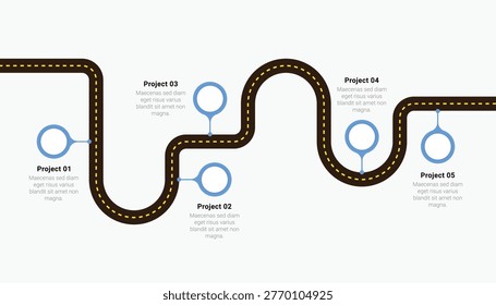 Modern 5 step project roadmap infographic with a curvy road design and blue pin pointers for business planning.