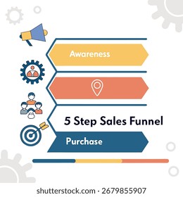 moderno funil de vendas 5 passos infográfico com seta, gráfico de funil de vendas de design plano com 5 progressivo