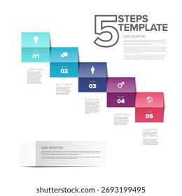 Um infográfico moderno de modelo de design de 5 passos com blocos e ícones coloridos, para representar um processo de 5 passos ou vários estágios. O modelo infográfico de cinco etapas é ideal para apresentações de negócios.