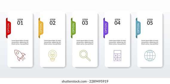Moderno 5 pasos Plantilla de diseño de infografías e iconos. utilizar como diagrama de procesos de flujo de trabajo, presentación de datos empresariales, diseño de línea de tiempo, hito, pancarta, folleto, diagrama de flujo
