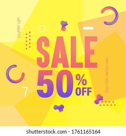 Modern 50% off, sale background, abstract geometric shapes, colorful banner, offers vector design