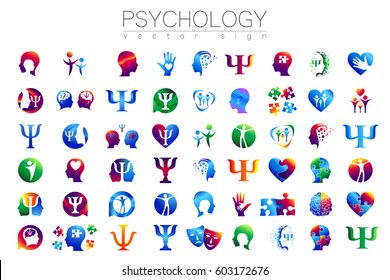 Modern 54 sign Logo Set of Psychology. Profile Human. Creative style. Symbol in vector. Design concept. Green blue orange violet color isolated on white background. Icon for web, logotype