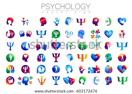 Modern 54 sign Logo Set of Psychology. Profile Human. Creative style. Symbol in vector. Design concept. Green blue orange violet color isolated on white background. Icon for web, logotype