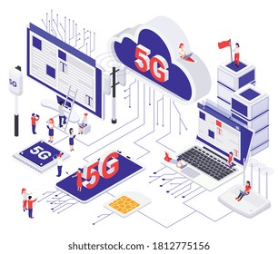 Modern 5G internet communication  concept with router cloud sim card mobile phone chip cellular aerial isometric vector illustration