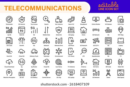 Modern 5G Telecommunications Line Icons – Minimalist Vector Outline Illustrations for Wireless Tech, Mobile Data, Network Infrastructure, and IoT Connectivity