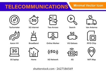 Modern 5G Telecommunications Line Icons – Minimalist Vector Outline Illustrations for Wireless Tech, Mobile Data, Network Infrastructure, and IoT Connectivity