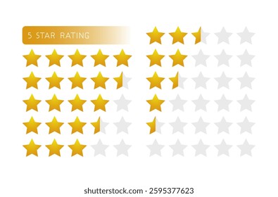 Modern 5-star rating set featuring star icons for reviews, feedback, and quality evaluation. Includes full, half, and empty stars. Ideal for mobile apps, customer reviews, marketing materials.