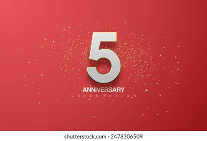 Diseño moderno del Vector del 5to aniversario. Con números simples y elegantes. Con un hermoso y encantador fondo rojo, el diseño se ve limpio y elegante.