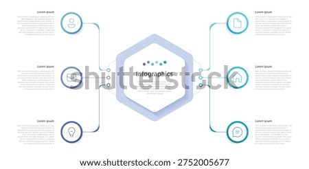 Modern 6 hexagon infographic template for business presentations and reports. Geometric hexagonal layout with six connected segments, ideal for workflow visualization, process steps.
