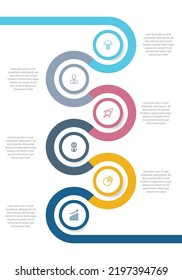 Plantilla de infografía moderna de 6 pasos. Plantilla de línea de tiempo curvada de la Infografía del vector. Versión de la plantilla de línea de tiempo de marcado grueso claro con iconos. Línea de tiempo de color gruesa con curvas, iconos y contenido de texto