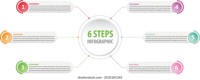 Moderne 6-Stufen-Prozess-Infografik mit zentralen Kreis- und Verzweigungsboxen für Workflow, Zeitleiste oder schrittweise Anleitung Visualisierung