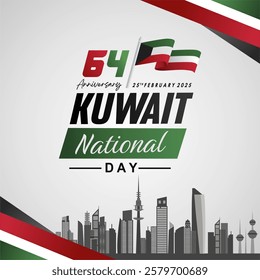 Modern 64th Anniversary of Kuwait national day 25th February 2025 with 64 logo, city skyline and waving flag. Kuwait background vector illustration with skyline and flag illustration