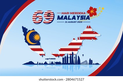 Modern 69th Malaysia Hari Merdeka Independence Day 2026 Banner with Flag Map, Skyline Illustration, and 69th Anniversary Typography. Merdeka Day Patriotic Greetings, Banners, Posters and Background. 