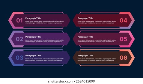 Modern 6-step horizontal infographic with alternating arrow shapes and colorful gradient design for business or process visualization.