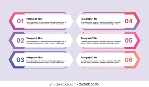 Modern 6-step horizontal infographic with alternating arrow shapes and colorful gradient design for business or process visualization.