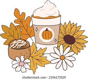 Modern 70s Retro autumn fall and thanksgiving card hand drawn design composition with coffee cup, pumpkin pie sunflower, autumn leaves for poster, banner, greeting card, t-shirt vector illustration