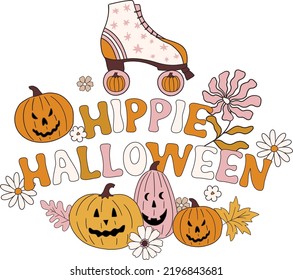 Modern 70s Retro autumn fall and hippie Halloween card hand drawn design, typography banner for poster, greeting card, t-shirt vector illustration isolated on background. Sublimation design