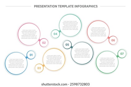 Modern 7-circle infographic design featuring clean, minimalistic aesthetics. Each circle represents a distinct step or concept, connected seamlessly in a visually engaging layout. Ideal for business p