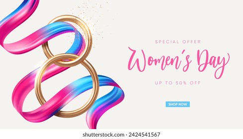 Modern 8 March banner with golden 3d number and colorful ribbon. Vector illustration.