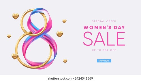 Modern 8 March banner with golden 3d number and colorful ribbon. Vector illustration.
