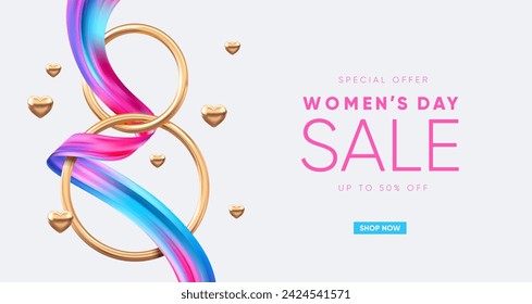 Modern 8 March banner with golden 3d number and colorful ribbon. Vector illustration.