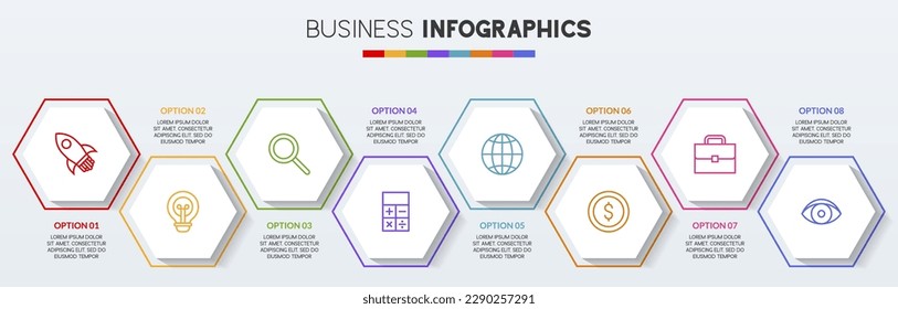 modern 8 options or 8 steps Infographics design template hexagon and icons. use as workflow process diagram, business data  presentation, timeline layout, milestone, banner, brochure, flow chart