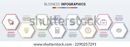 modern 8 options or 8 steps Infographics design template hexagon and icons. use as workflow process diagram, business data  presentation, timeline layout, milestone, banner, brochure, flow chart