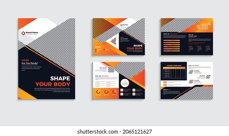 Modern 8 Pages Fitness  Gym Brochure Collection With  Abstract Shapes And Data Premium Vector