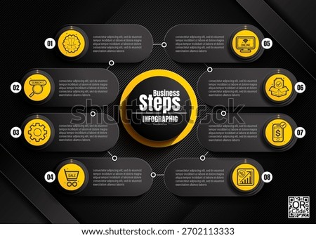 Modern 8 step infographic in black and yellow for business workflow and project timeline presentation, editable vector layout, clean and professional data report design, easy to customize.